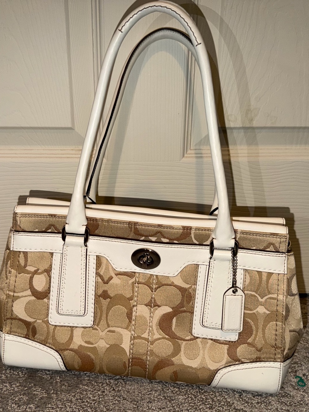 Vintage Coach Signature Canvas Satchel in Beige and White